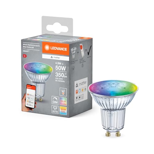 LEDVANCE Lampada LED SMART+ MATTER con riflettore attacco GU10, vetro, 4,9W, 350lm, luce colorata e luce bianca, compatibile con Google, Alexa, Apple, app o controllo vocale, durata fino a 20.000 ore