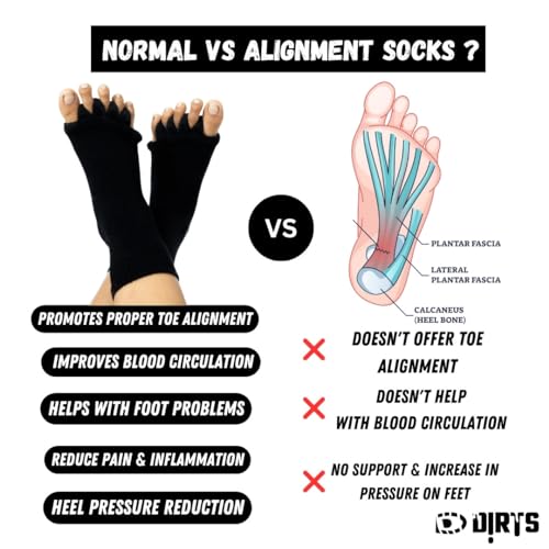 Image of DIRTS Foot Alignment Socks 5 Toe seprator -Easing Bunion, Plantar Fasciitis, Hammer Toes, and Pain Relief |- Size UK6-9 (Black polyester, One Size)