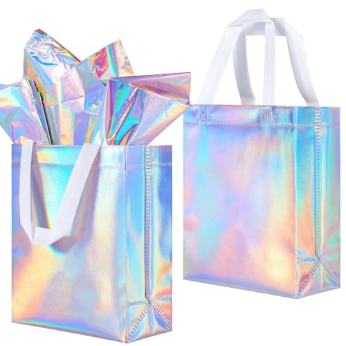 Lzerking 50-Pack Reusable Gift Bags (10x8x4 Inches) Holographic Non-Woven Eco-Friendly Party Favor Bags with Handles for Weddings, Christmas, Birthdays, Bulk Gift Packaging