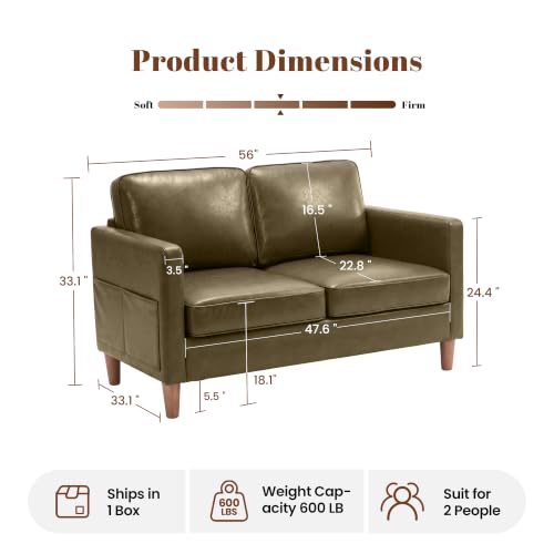 Image of 56 inch Faux Leather Loveseat Sofa, Mid Century Modern 2 Seater Love Seat Couch