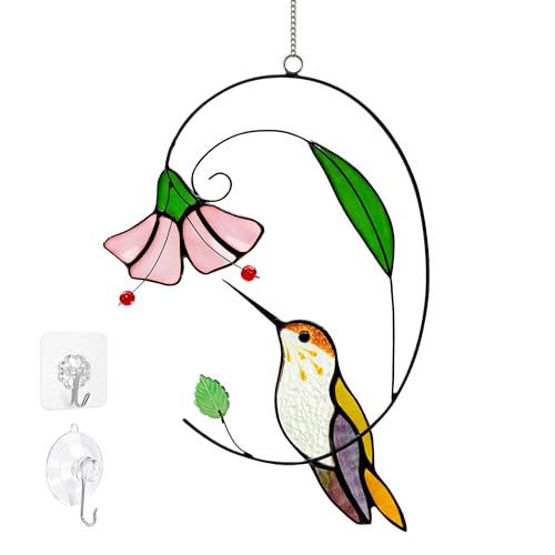 Handmade Tiffany Copper Foil Stained Glass Hummingbird Suncatcher - 8 Inch Real Glass Window Hanging with Flowers Bird Safe Gift for Grandma Mother Women & Bird Lovers Includes Suction Hooks