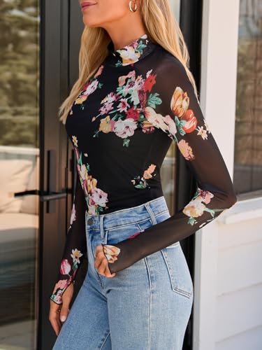 Dealmore Lace Sheer Floral Mesh Mockneck Going Out Tops for Women Fall Fashion Spring Outfits 2026 Clothes - Image 4