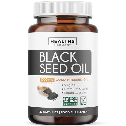 Black Seed Oil Capsules 1000mg | Cold Pressed | Powerful Antioxidant Support | Pure Black Cumin Seed Oil | High in Omega 3 6 9 | Non-GMO and Vegan Black Cumin Oil | 120 Nigella Sativa Softgels