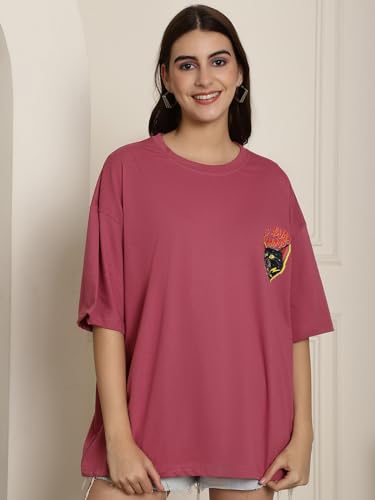 Image of Fabflee Oversized Cotton Baggy Drop Shoulder Graphic Tee with Half Sleeves | Korean Casual Loose T-Shirt for Women