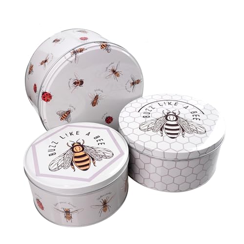 SiXsigma Sports Set of 3 Round Nesting Cake Storage Tins - Airtight Containers for Cakes, Biscuits & Sweets Large, Medium & Small Sizes - Perfect Mothers Day Gifts For Kitchen (MT-BEE-CTS)