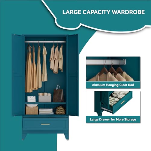 Image of Blue Metal Wardrobe Closet for Bedroom, 71 inch Freestanding Armoire Wardrobe with Drawer and Shelf, Hanging Rod Clothing Storage Cabinet with Two Doors, Tall Farmhouse Clothes Cabinet Bedroom Armoires
