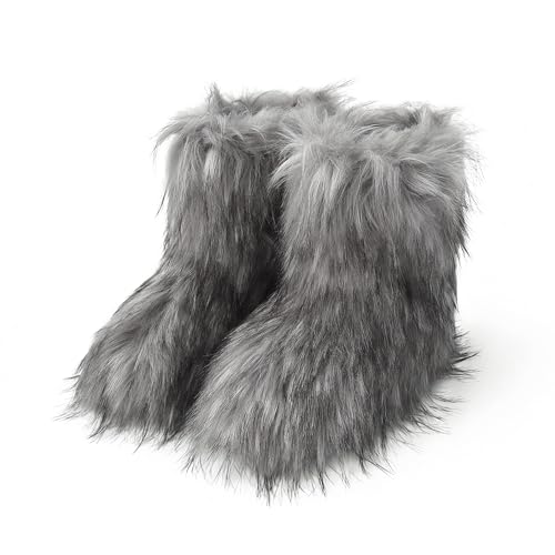 MAIJED Grey Fur Boots for Women Fluffy Furry Short Snow Boots Fashion Fuzzy Mid-Calf Warm Boots Outdoor Flat Shoes