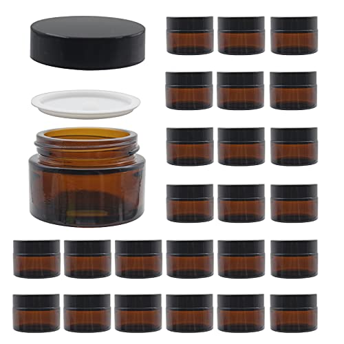 24 Pack 1 oz Round Amber Glass Cosmetic Jars with Lids And Inner Liners, Travel Glass Jars, Refillable Cosmetic Containers for Lotion, Lip Scrub, Makeup, Eyeshadow, Slime, Paint