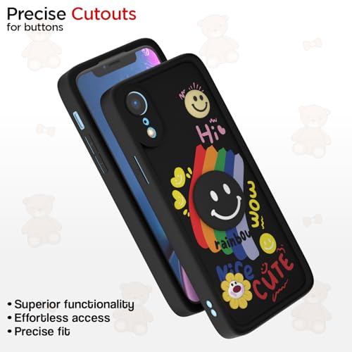 Image of Pikkme Back Cover for iPhone XR | Soft Silicone| Cute Rainbow Smile & 3D Cartoon Flower Design | Shockproof Raised Camera Protection Bumper Case (Black)