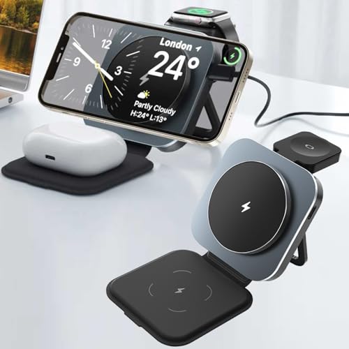 3in1 ワイヤレス充電器 Type-C Mag Safe 対応 iPhone アップルウォッチ エアポッズ 3台同時充電 スタンド機能付き 急速 置くだけ 折りたたみ 軽量 コンパクト設計 持ち運び便利 ダークグレー T11