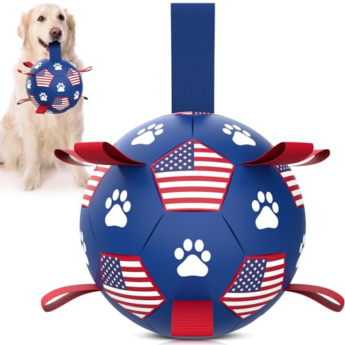 QDAN Dog Toys Soccer Ball with Straps, Durable Balls for Large Dogs, Beach Pool Dog Water Toy, Puppy Dog Birthday Gifts (8 Inch) Flag 8 Inch