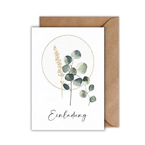WBdesignz 10er Einladung Karte Hochzeit mit Umschlag - Einladungskarte zur Hochzeitsfeier Gold Ring Eukaliptus Zierzweig Floral Trauung Brautpaar Liebe Verlobung Hochzeitskarte (DIN A6) WBdesignz 10er Einladung Karte Hochzeit mit Umschlag - Einladungskarte zur Hochzeitsfeier Gold Ring Eukaliptus Zierzweig Floral Trauung Brautpaar Liebe Verlobung Hochzeitskarte (DIN A6)