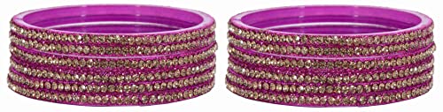 Image of NMII Glass with Zircon Gemstone and Beads Studdded Glossy Finished Traditional Bangle Set For Women and Girls