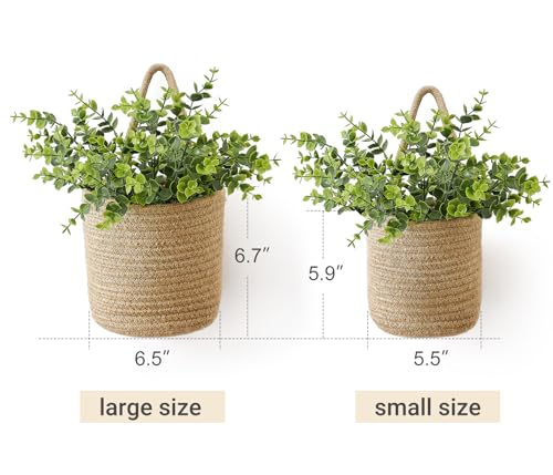 Dahey 2 Pack Wall Hanging Rope Basket with Artificial Eucalyptus Farmhouse Decor, Jute Woven Storage Organizer Flower Plants Basket Set Rustic Wall Decor for Porch Living Room Bedroom Entryway,Brown