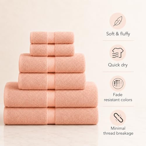 Image of Sulfar 100% Combed Cotton, 6 Pcs Towel Set - 2 Bath Towels (70 x 140 cm), 2 Hand Towels (40 x 70 cm) and 2 Face (30 x 30 cm) (600 GSM, Pack of 6) Tender Peach