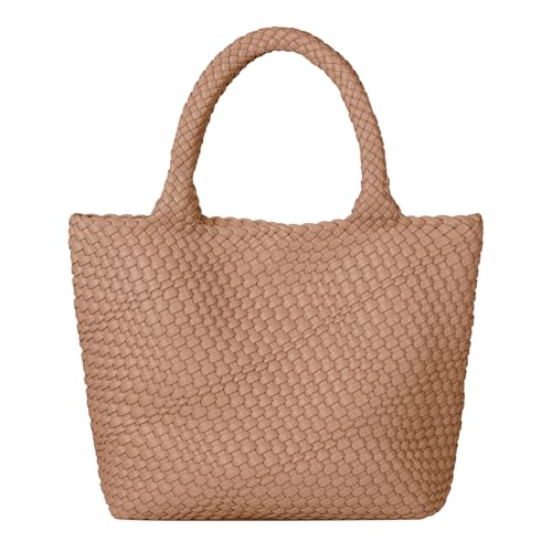 Bolso de hombro tejido de cuero beige grande
