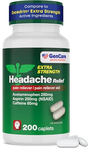 GenCare - Headache Relief Acetaminophen with Aspirin (NSAID) & Caffeine (200 Caplets) Value Pack | Head Pain Muscle Aches Back Pain & Body | Generic Excedren Extra Strength