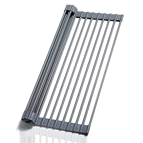 Séchoir Vaisselle Énroulable, 42.5 X 32cm Égouttoir Roulant à Enroulable, Roll Up Pliable Egouttoir Grille Séchage, pour égoutter la Vaisselle, Le Verre, Les légumes, Les Fruits, 18 Tubes , Gris Cover