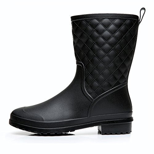 17KM Womens Black Short Anti Slip Rain Boots Mid-Calf Waterproof Rubber Garden Rain Shoes 7 US, Grid Black - Thumbnail 2