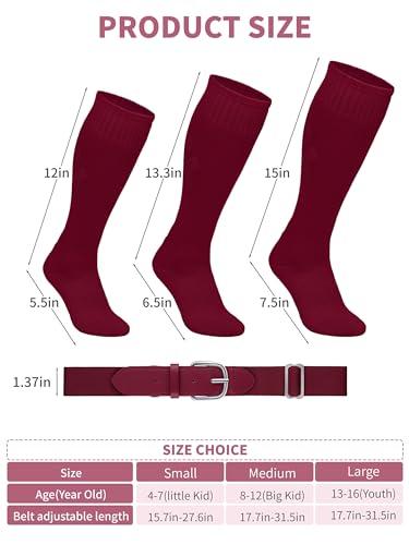 Image of Baseball Socks and Belt Set Cotton Youth Softball Socks for Boys Girls