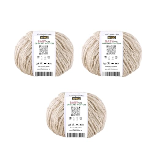 Yarn E-verse BabyPure Organic Cotton Yarn – 100% Organic Cotton – Made with GOTS Certified Cotton – Soft Baby Yarn – 3 or 6 Skein Pack (3, Natural Beige)