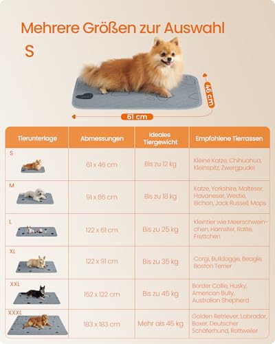 Feandrea Welpen-Unterlagen waschbar, Wiederverwendbare Matten für Hunde, 61 x 46 cm, 2er Set, S, Hundetoilette, auslaufsicher, rutschfest, super saugfähig, grau PTD018G01