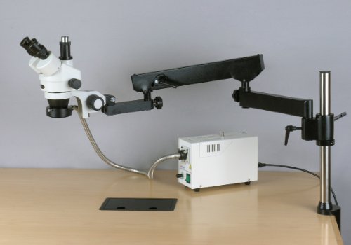 Image of AmScope SM-8TZZ-FOR-M Digital Professional Trinocular Stereo Zoom Microscope, WH10x and WH20x Eyepieces, 3.5X-180X Magnification, 0.7X-4.5X Zoom Objective, Fiber-Optic Ring Light, Articulating-Arm Boom Stand, 110V-240V, Includes 0.5x and 2.0x Barlow Lenses and 1.3MP Camera with Reduction Lens and Software