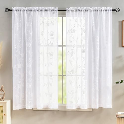 Image of White Sheer Curtains Embroidery 63 Inch Length Rod Pocket Voile Drapes for Living room, Bedroom, Window Treatments Semi Flower Pattern Curtain Panels for Kitchen, Yard, Farmhouse, Set of 2, 52 inchx 63 inch.