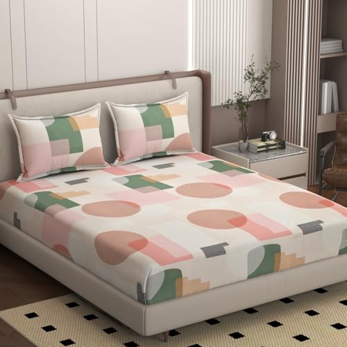 Image of King Size Bedsheet Wilburn Cotton Blended Fitted with Two Pillow Covers 250 TC Anti-Wrinkle Deep Corners 78x72 Inches