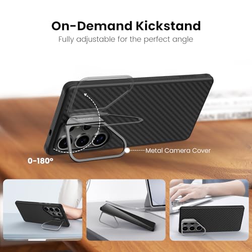 Image of Nillkin Carbon Fiber, Polycarbonate, Metal For Samsung Galaxy S25 Ultra Carbon Fiber Protective Case Case With Camera Kickstand [ Compatible With Magsafe /Military Grade Drop Tested ]- 6.9'' Black
