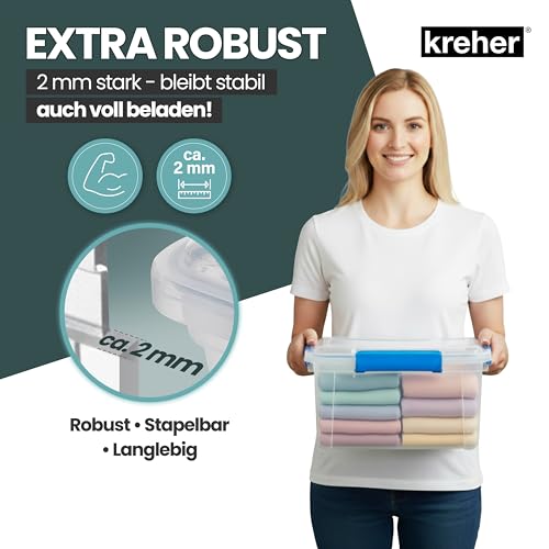 Kreher® Aufbewahrungsbox 18 Liter mit Deckel – wasserdicht & staubdicht, transparent & stapelbar, BPA- & schadstofffrei, robuste Kunststoffbox mit Silikondichtung & 4 Clips (2, 18 Liter)