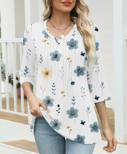 IEEILULU 3/4 Length Sleeve Womens Tops V Neck T Shirts Casual Pleated Tunic for Women Fashion Loose Blouses White L — view 3
