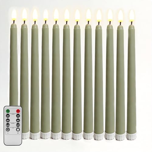 Ni-JASW Sage Green Flameless Taper Candles with Remote Timer Set of 12