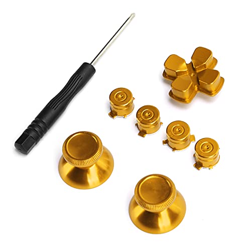 Kafuty-1 Thumb Stick Analog Grip Button, Metal Button Thumbstick Simuliert Den Griff für PS4 Gamepad Controller Joystick Ersatz, 7 Gamepad Buttons, Schraubendreher(Gold) Cover