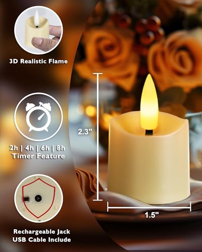 Image of Homemory Rechargeable Flameless Candles, 2 /4 /6 /8H Timer LED Votive Candles, 6 PCS Battery Operated Tea Lights with Timer for Table, Wedding, Christmas (USB Charging Cable Included)