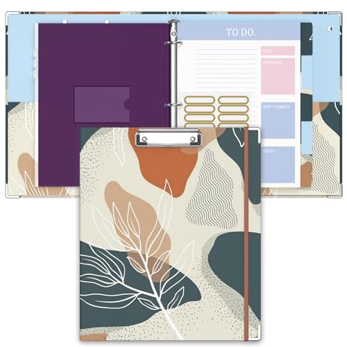 Image of 3 Ring Binder, 1 Inches Round Ring Binder with Clipboard, Dividers Tabs, PVC Zipper Bag Sleeves & to Do List Planners for Women, Men, School, Office Supplies, Boho Leaf