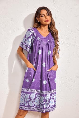 Image of Ekouaer Womens House Dress Floral Print Nightgown with Pockets Mumu Dress | V Neck Nightgowns for Women Pleated Short Sleeves Mumu Dresses Knee Length Moo Moo for Sleep, Daily Wear, Vacation, Party