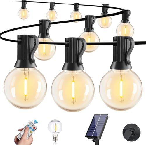 Solar String Lights Outdoor with USB Charging,15M Solar Festoon Lights Outdoor Dimmable 8 Light Modes Patio Lights with 25+1 Shatterproof Waterproof Bulbs,Solar Fairy Light for Porch Garden Camping