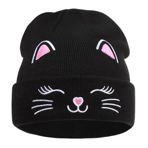Kids Gils Cat Beanies Cute Embroidery Hats Winter Knitted Hat Unisex Skull Cuffed Skiing Caps Hats 7-12 Years