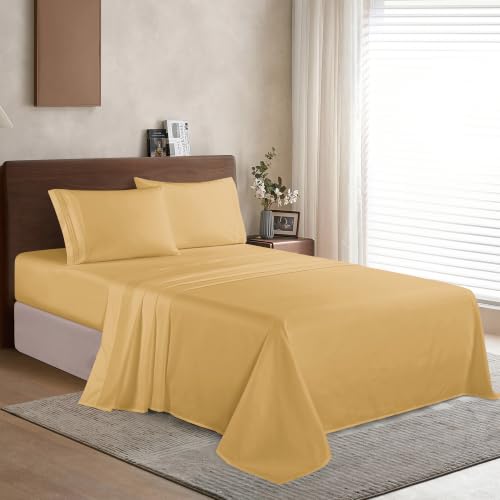 Image of Elegant Comfort Luxury Soft 1500 Premier 4-Piece Premium Hotel Quality Wrinkle Resistant Coziest Bedding Set, All Around Elastic Fitted Sheet, Deep Pocket up to 16inch, Queen, Camel /Gold