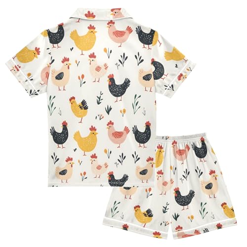 Cartoon Little Chick Summer Satin Pajama Set, Cute Button-Down Sleepwear Pj Set for Sleep Wears2