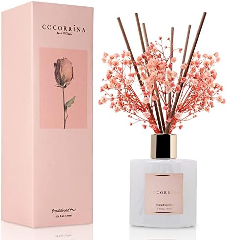 Cocorrína Premium Reed Diffuser Set with Preserved Baby's Breath & Cotton Stick Sandalwood Rose | 6.7oz Scent Fragrance Oil Diffuser for Bedroom Bathroom Living Room Home Décor