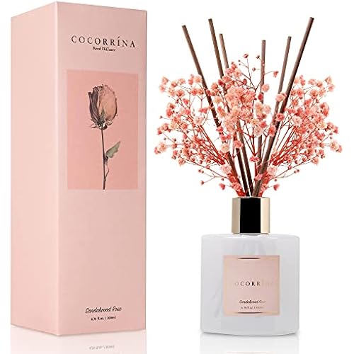 Cocorrína Premium Reed Diffuser Set with Preserved Baby's Breath & Cotton Stick Sandalwood Rose | 6.7oz Scent Fragrance Oil Diffuser for Bedroom Bathroom Home Décor