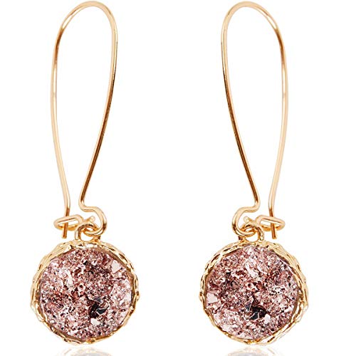 Humble Chic Simulated Druzy Threaders - Boho Glitter Upside-Down Long Hoop Dangle Drop Earrings for Women, Rose Stone with Gold-Tone, Metallic Pink, Gold-Tone, Bohemian
