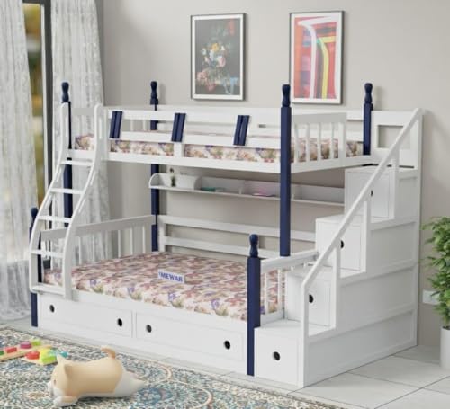Image of Wudniture Solid Sheesham Wood Bunk Bed for with Storage for Kids and Adults | Bunk Beds for Kids Bedroom (White)