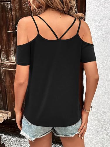 Eachyes Camiseta de verano para mujer, con hombros descubiertos, espalda baja, manga corta, cuello en V, sexy, casual, A0 manga corta, color negro, M