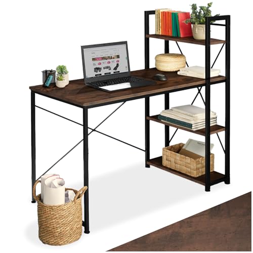 tectake® Mesa Escritorio con 3 Estantes Integrados, pies Ajustables, Moderno Escritorio para Ordenador, Mesa Oficina, fácil Montaje   122 x 61 x 120 cm Madera Industrial Oscura, Rústica
