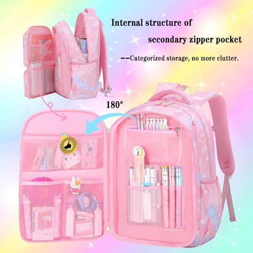 3pcs Girls Backpack,Cute Rainbow School Backpack For Kids Children With Pencil Case (Purple)3