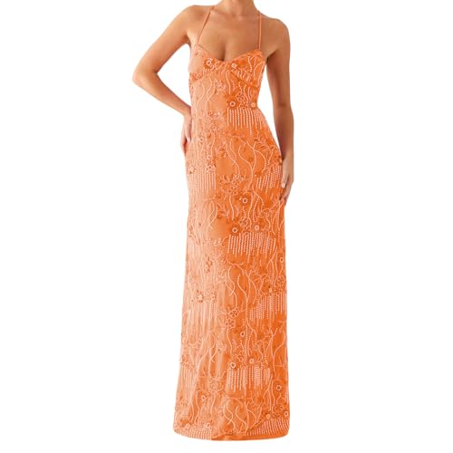 Sequin Sparkly Maxi Dress for Women Y2k Floral Embroidery Beaded Long Cami Dress Glitter Bodycon Halloween Clubwear