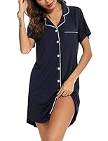 Samring Nightgown for Women Sleep Shirt Short Long Sleeve Sleepwear Boyfriend Nightshirt Button Down Pajama Dress S-XXL, Short Sleeve-Navy Blue, Large